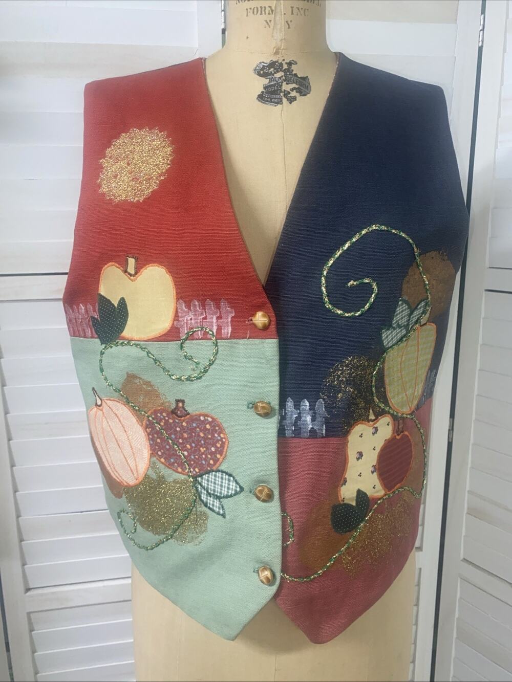 Women's Handmade Embroidery Glitter Painted Autumn Vest Prairie Grandma Sz M/L